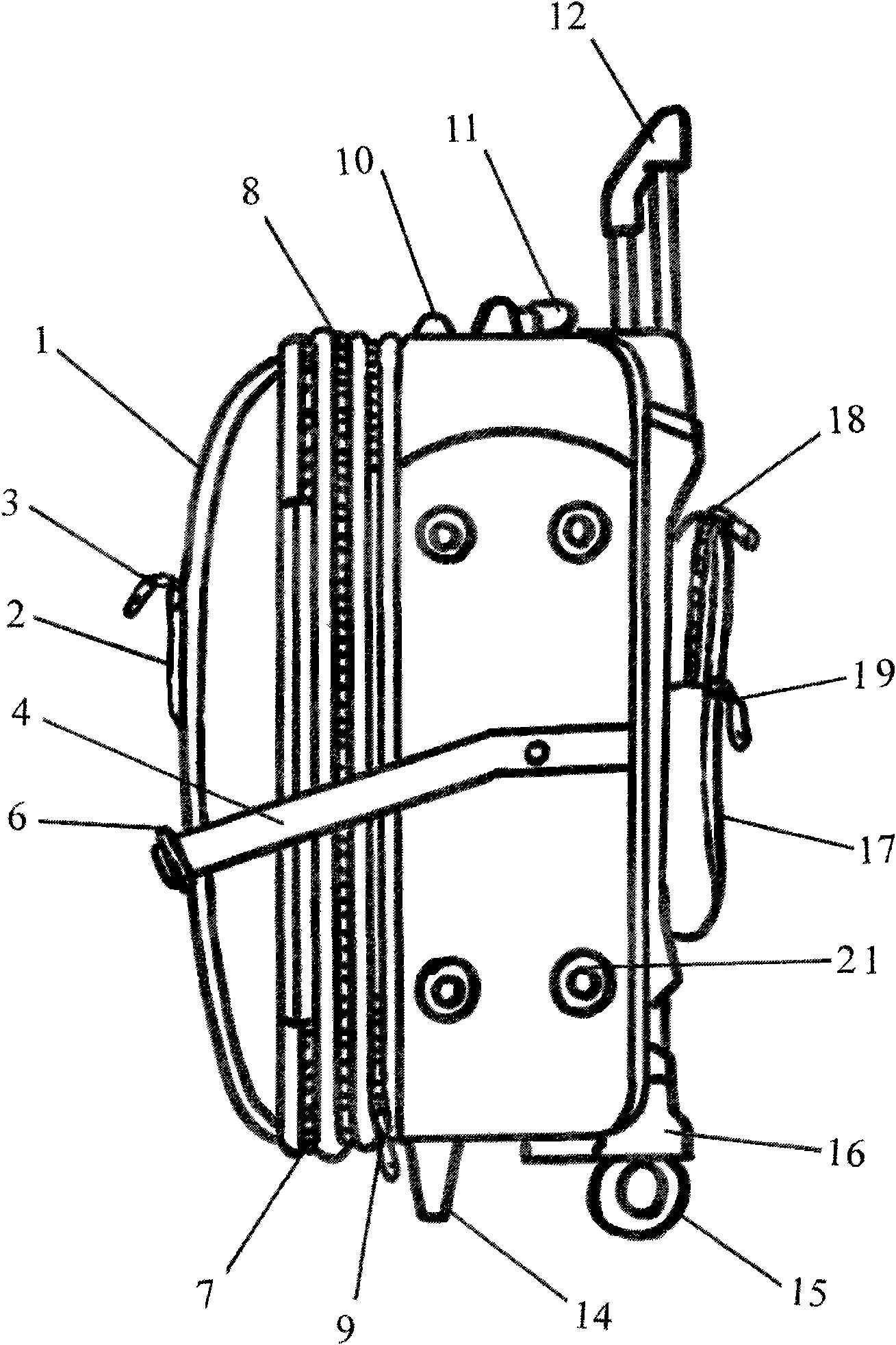 Draw-bar box with eight wheels and three parallel zippers