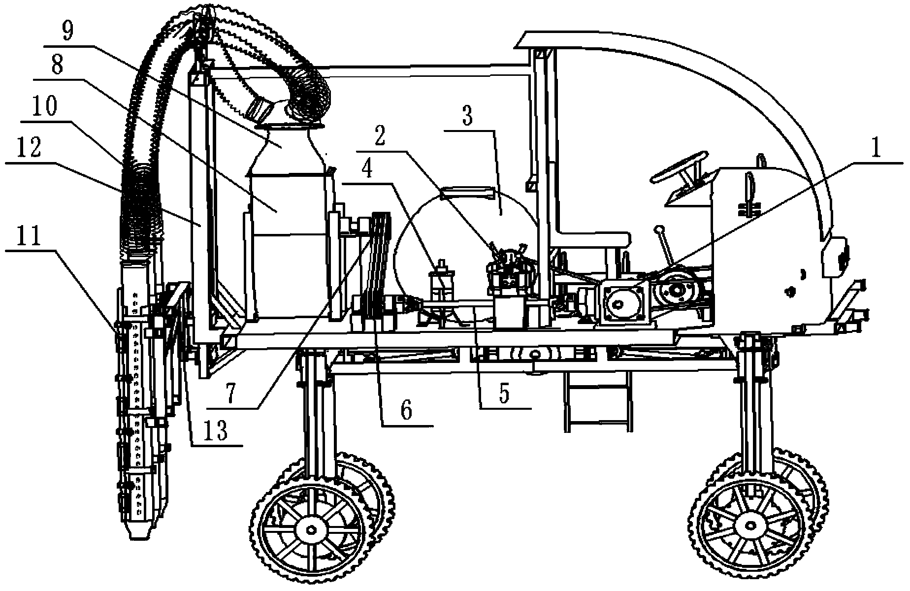 Pneumatic conveying type suspender profiling ripener spraying machine for cotton fields