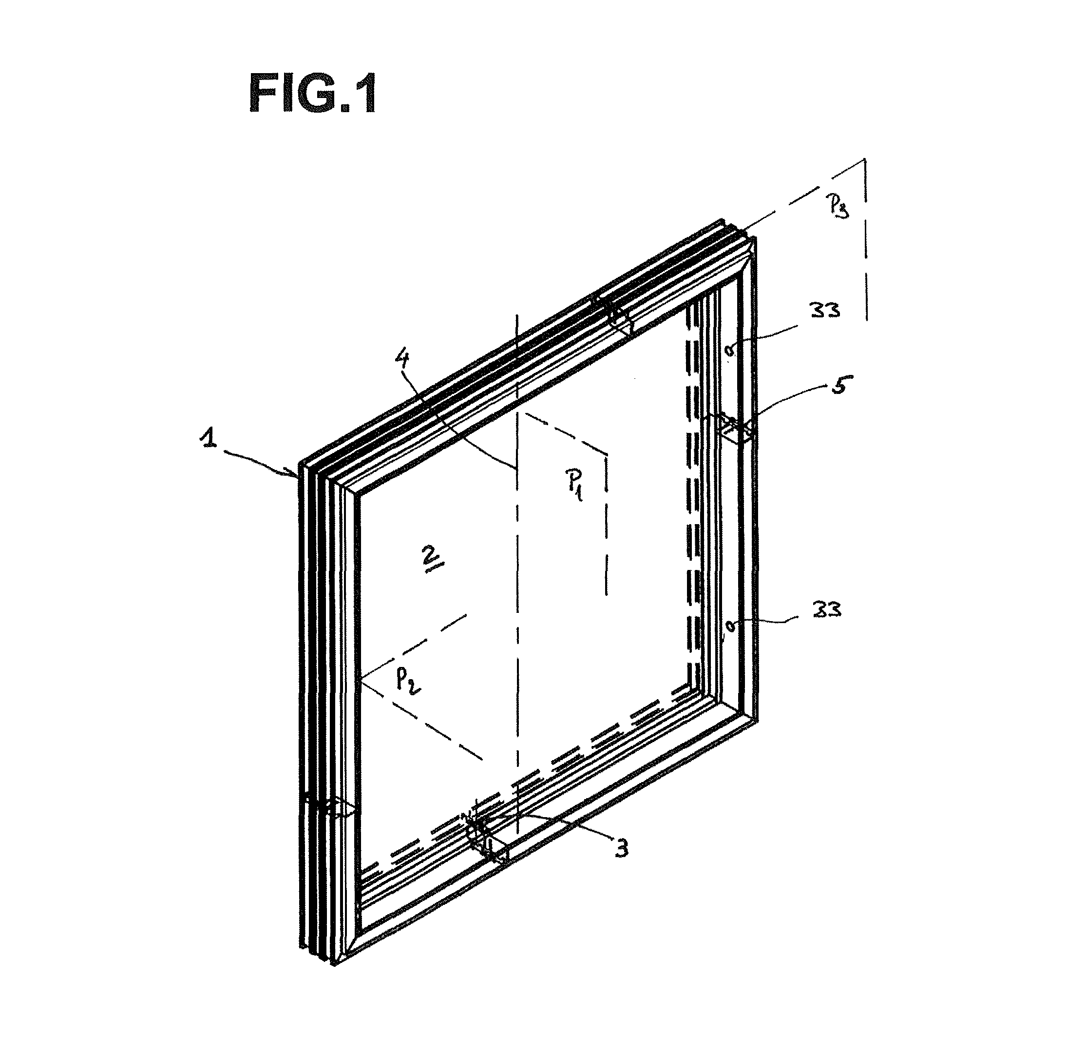 Glazing with encasement pivotally mounted about an axis in a fixed opening frame