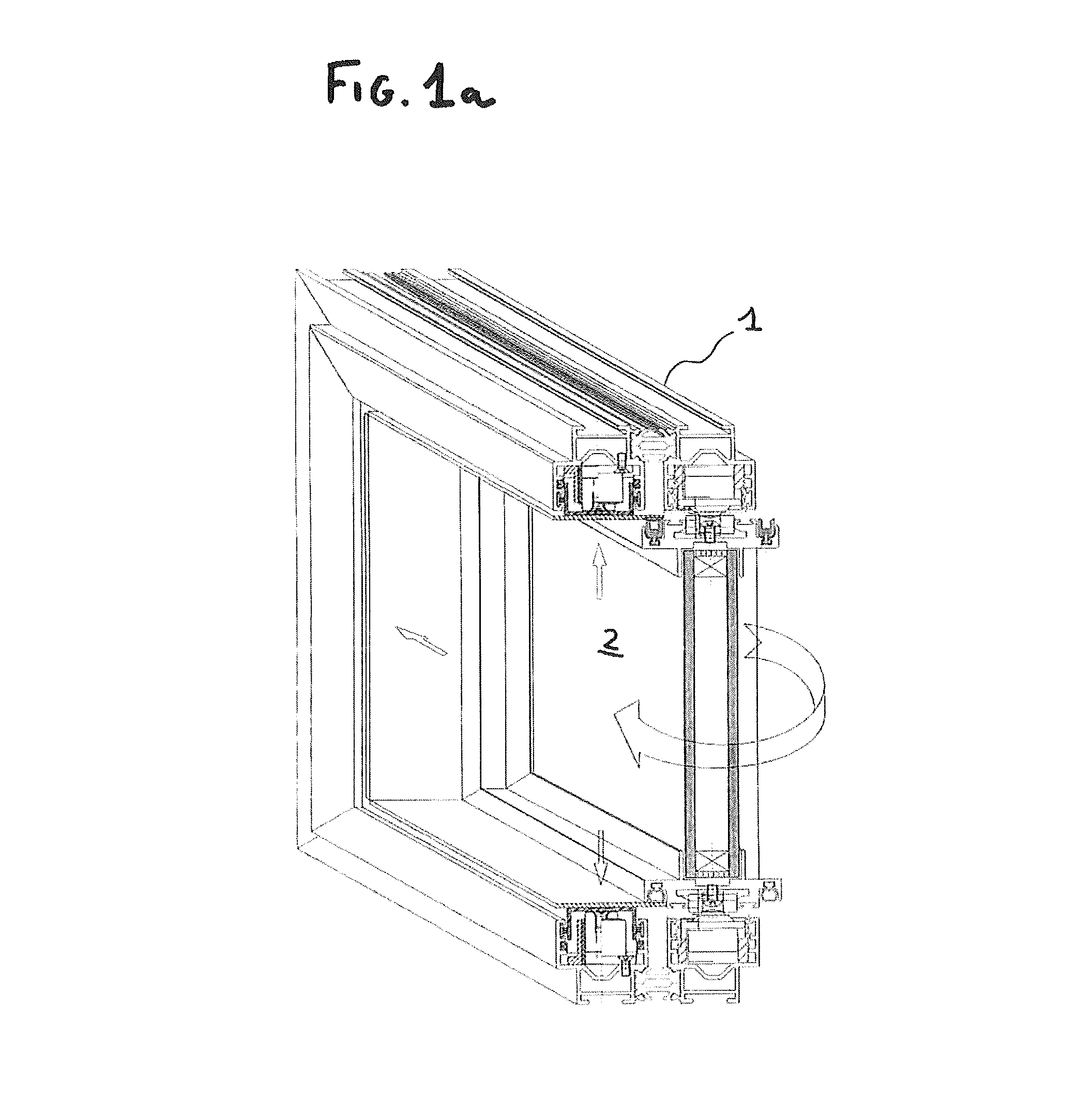 Glazing with encasement pivotally mounted about an axis in a fixed opening frame