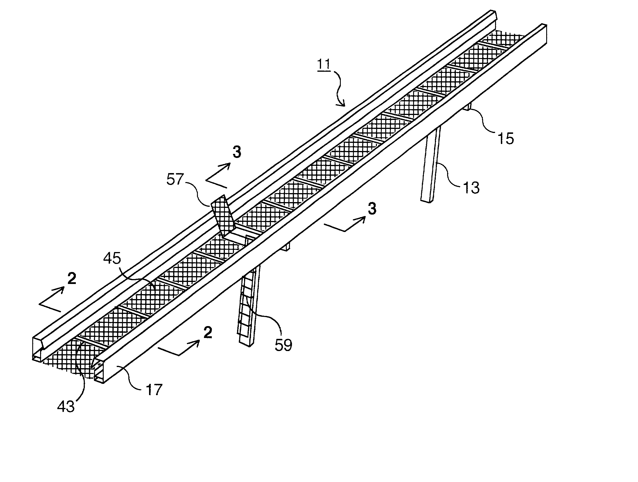 Elevated open-center transit guideway with open-mesh screen emergency walkway