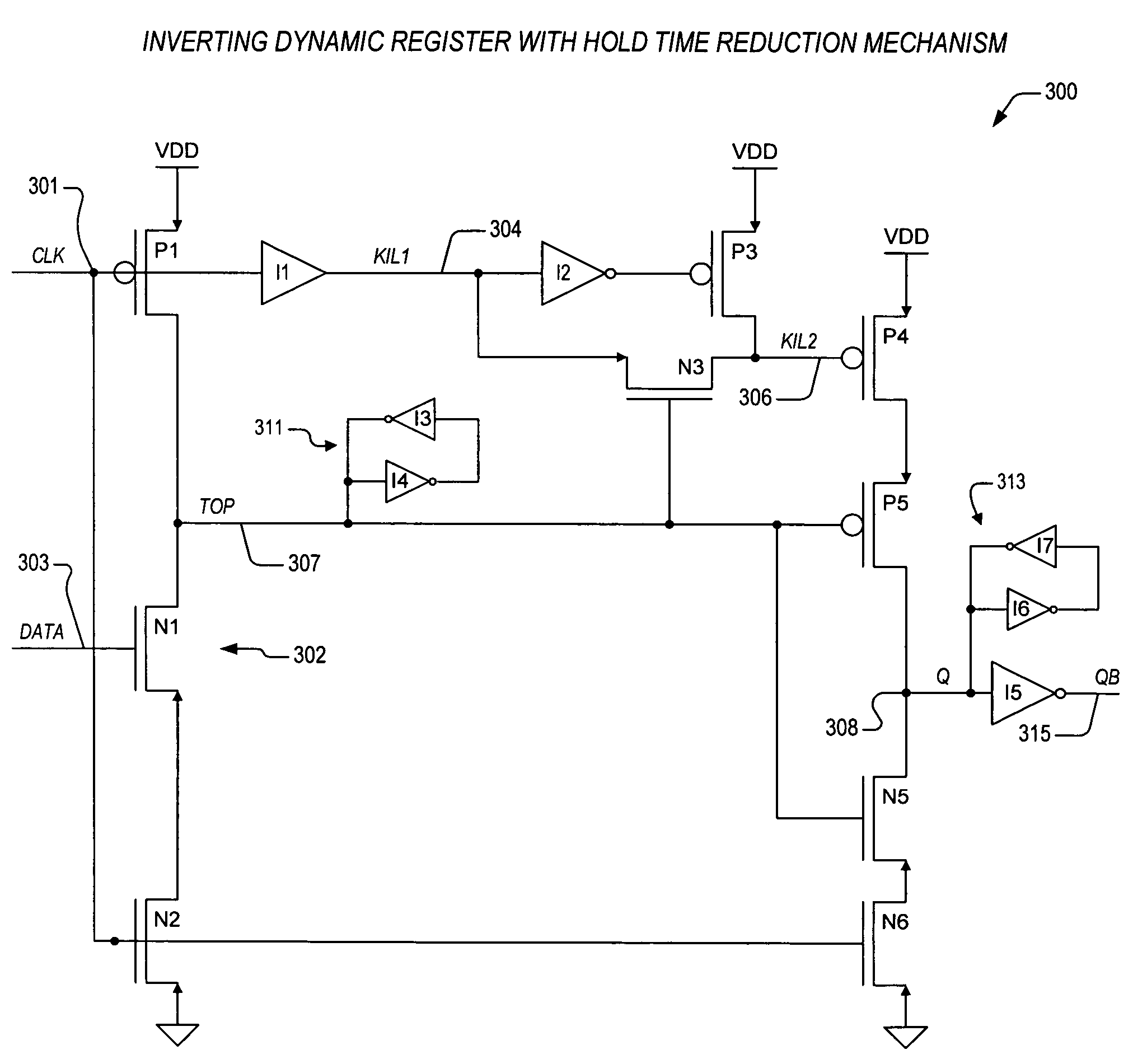 Inverting dynamic register with data-dependent hold time reduction mechanism