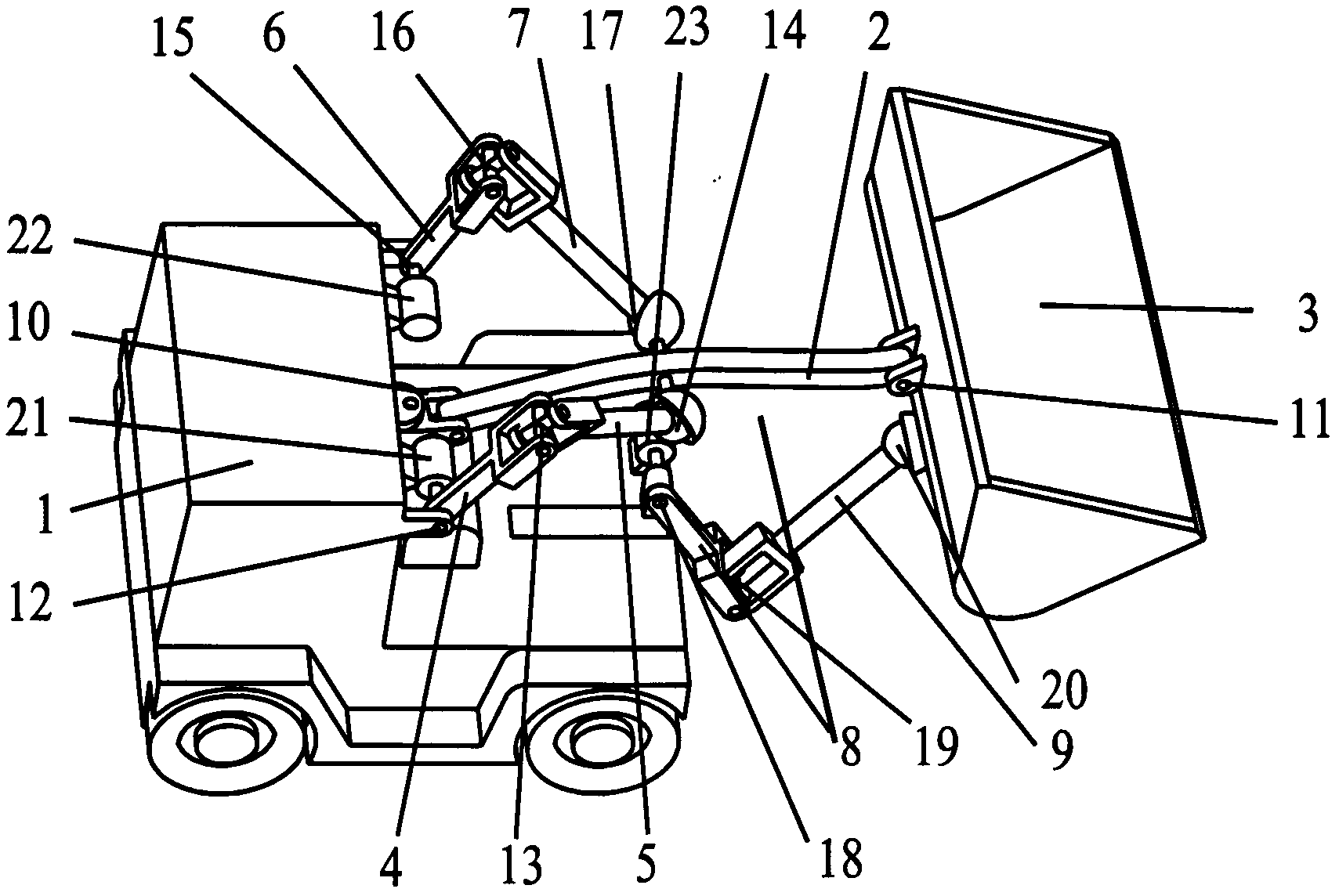 Space controllable mechanism type loader with movable arm capable of two-dimensionally rotating and bucket capable of one-dimensionally rotating