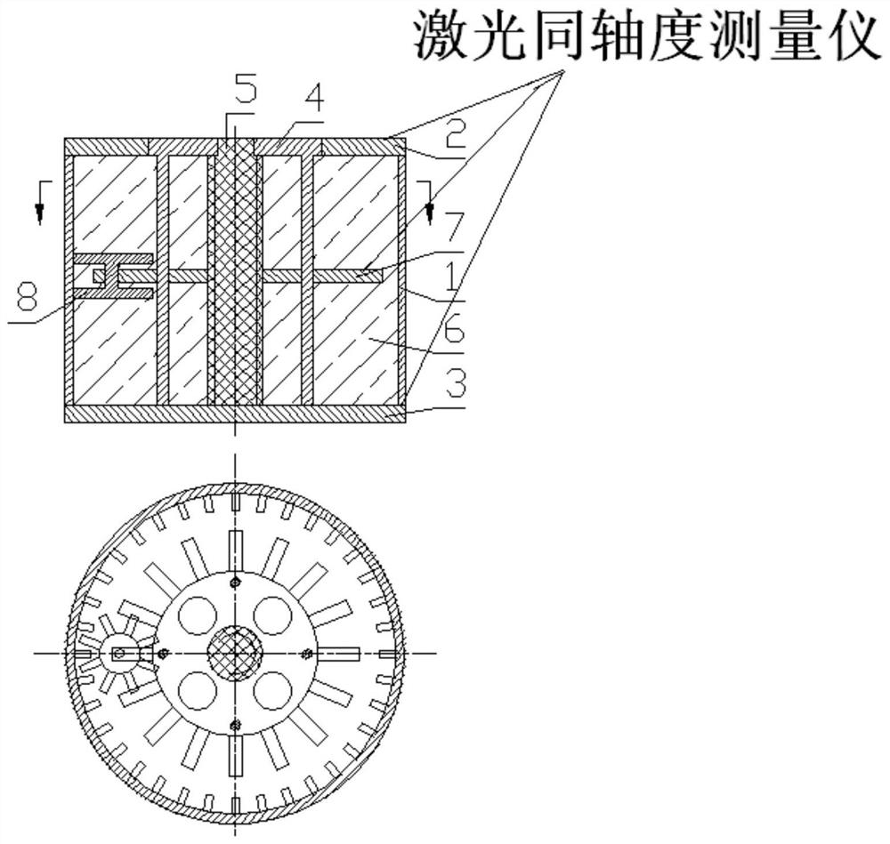 Warhead shell capable of improving filling ratio based on laser coaxiality measuring instrument