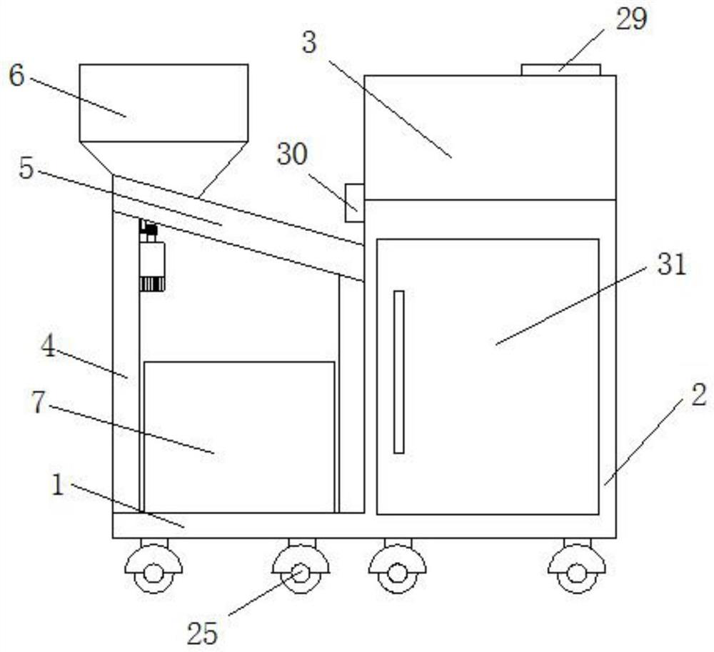 An agricultural seed sieving, dust removal, stirring and spraying device