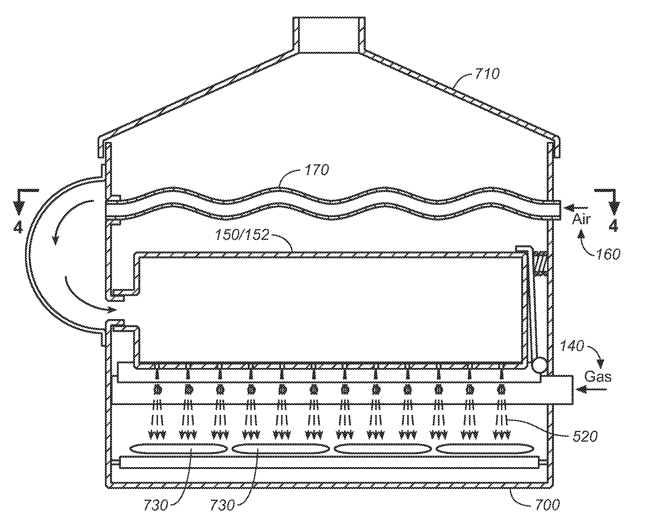 Broiler, conveyor oven, and toaster system with pressurized air guide for heat and flames