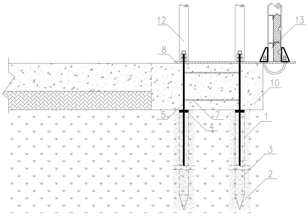 A highway guardrail and sound barrier share an integrated steel anchor pipe foundation structure and construction method