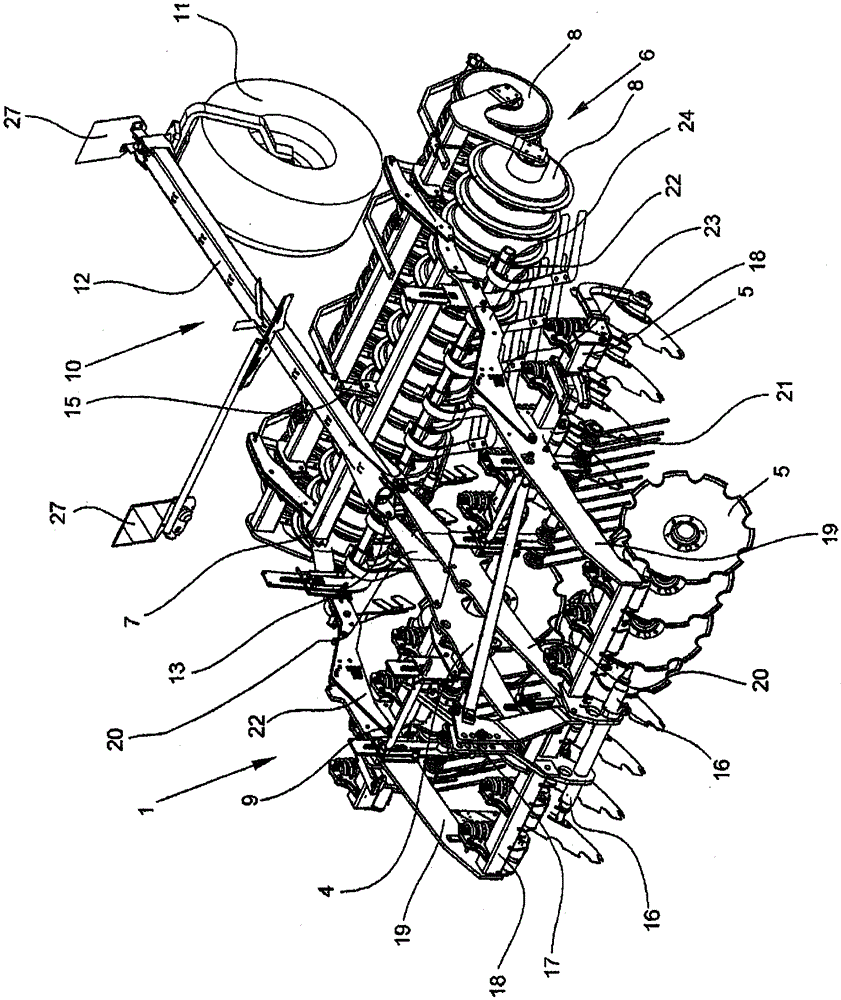 Soil cultivation implement for attachment to a towing vehicle