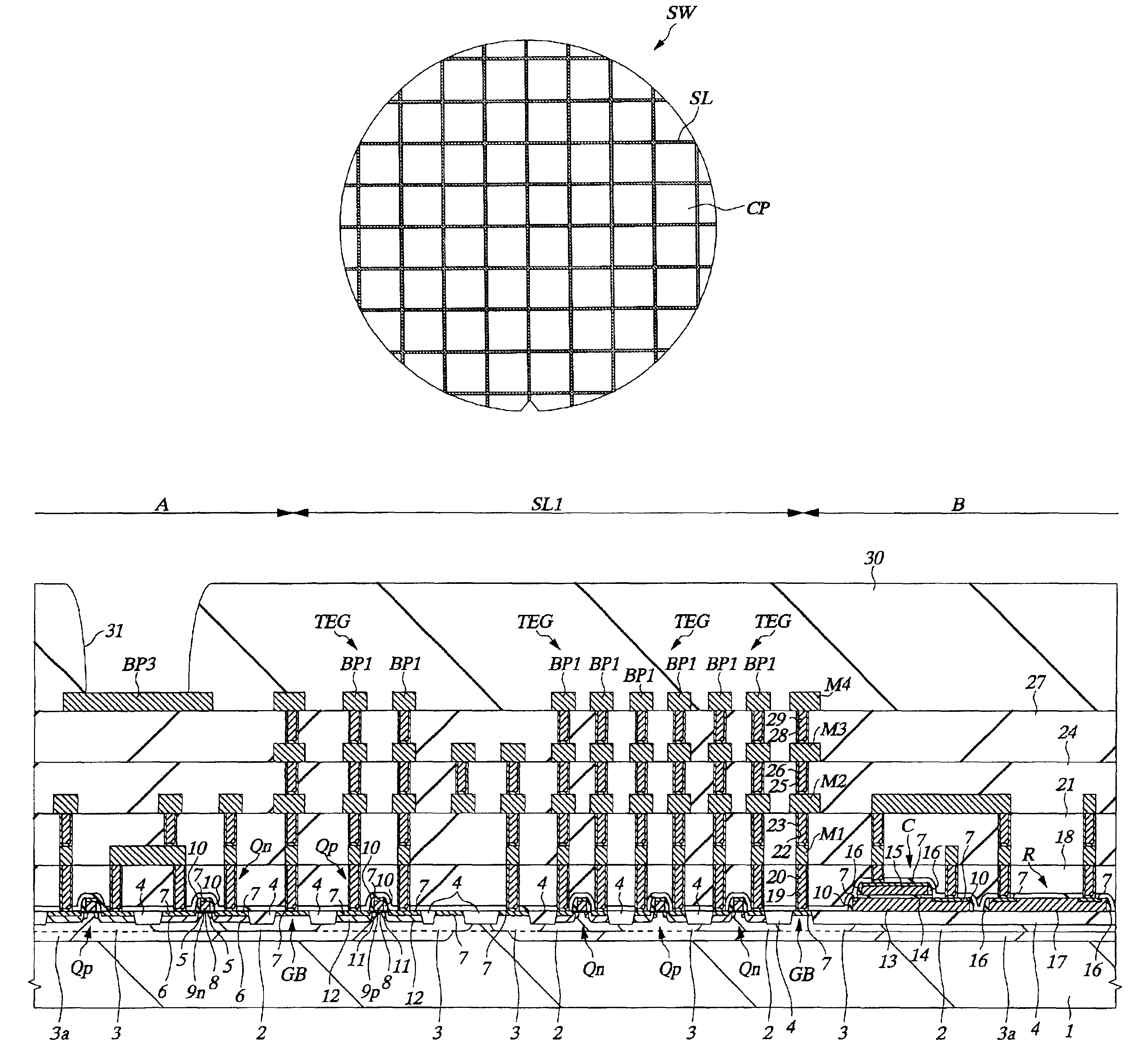 Method of manufacturing a semiconductor device to provide a plurality of test element groups (TEGs) in a scribe region