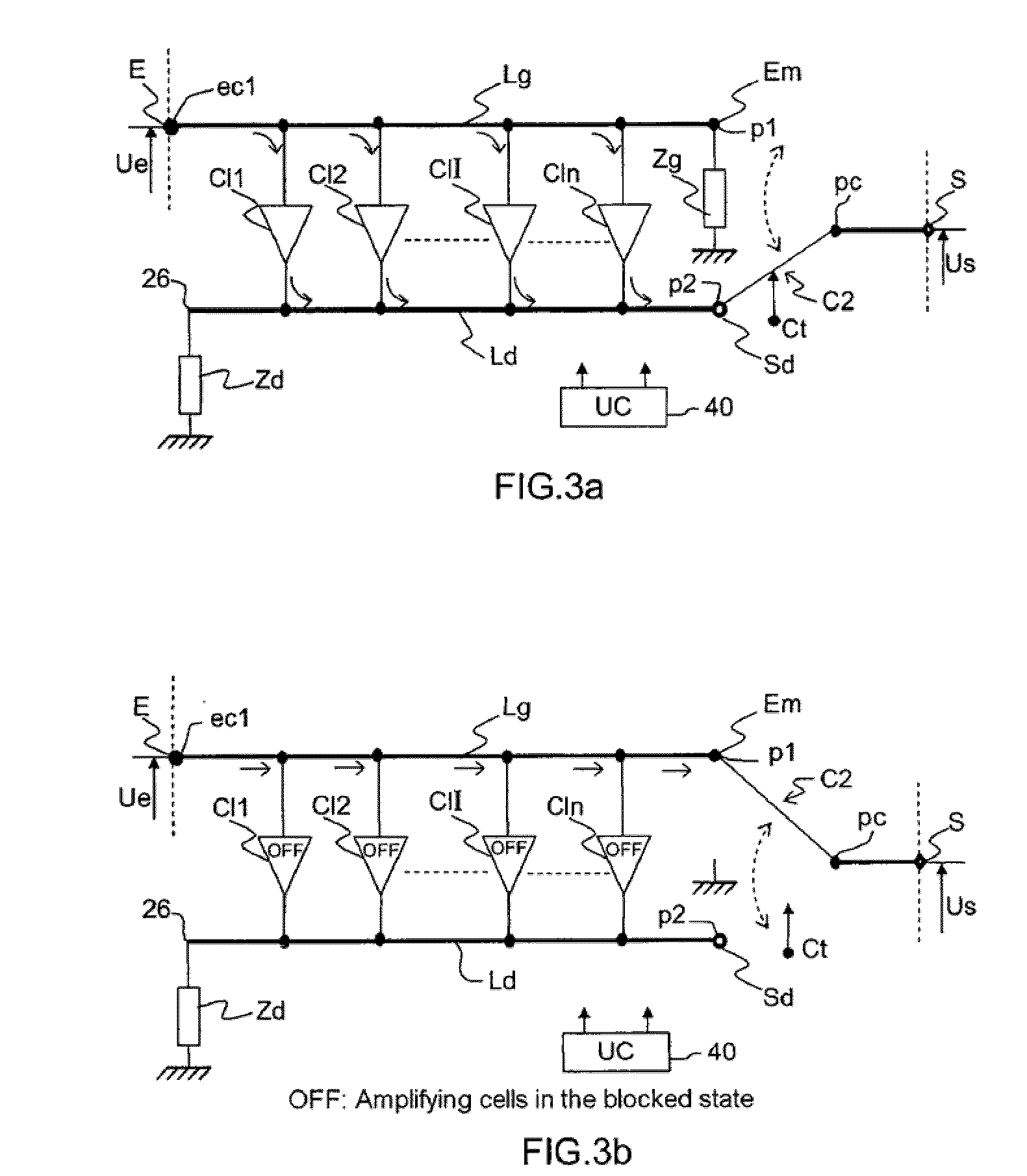 Broadband microwave device with switchable gain