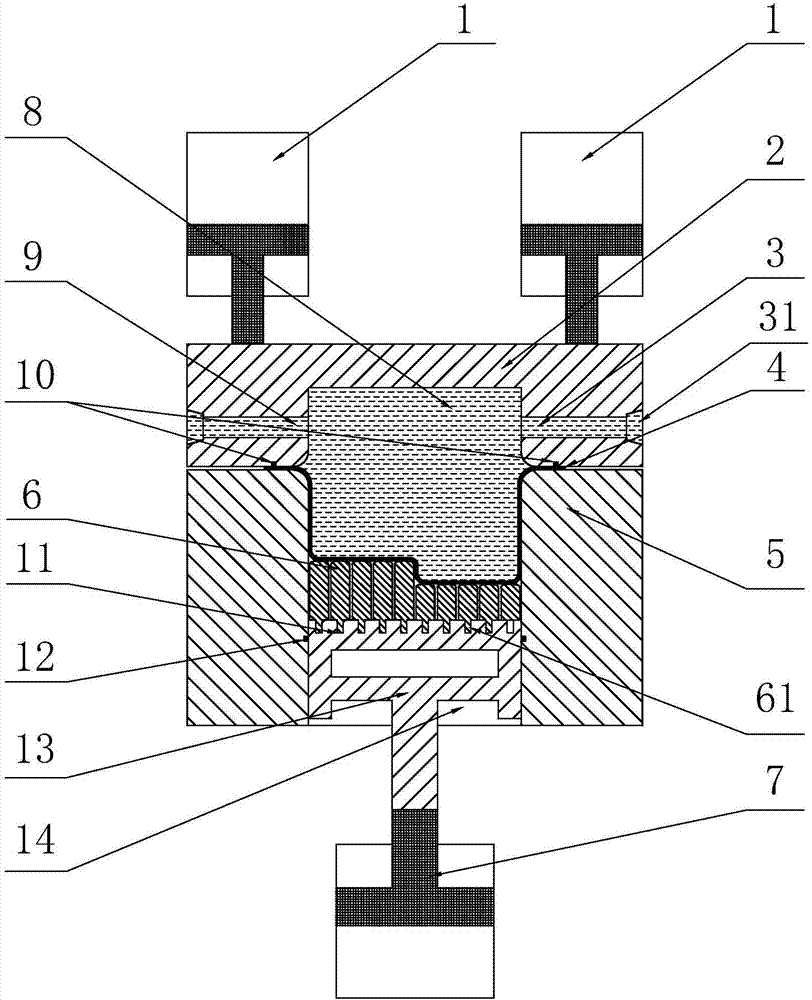 Hydraulic forming device with multipoint female groove, and method for manufacturing panel parts through using hydraulic forming device