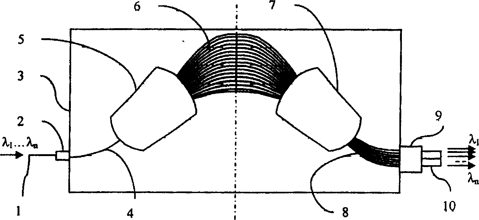 Array waveguide raster for splitting optical signals of multiple wavelength channels in space