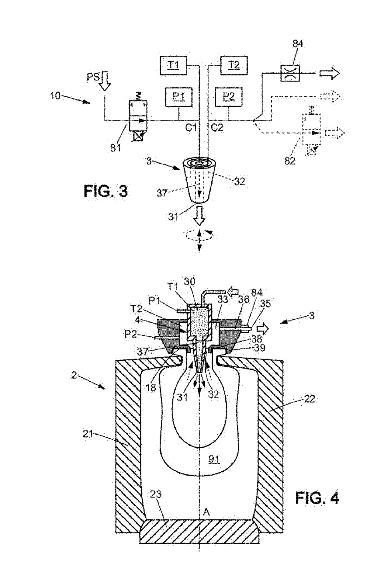 Device and method for manufacturing a hollow glass article by controlled blowing