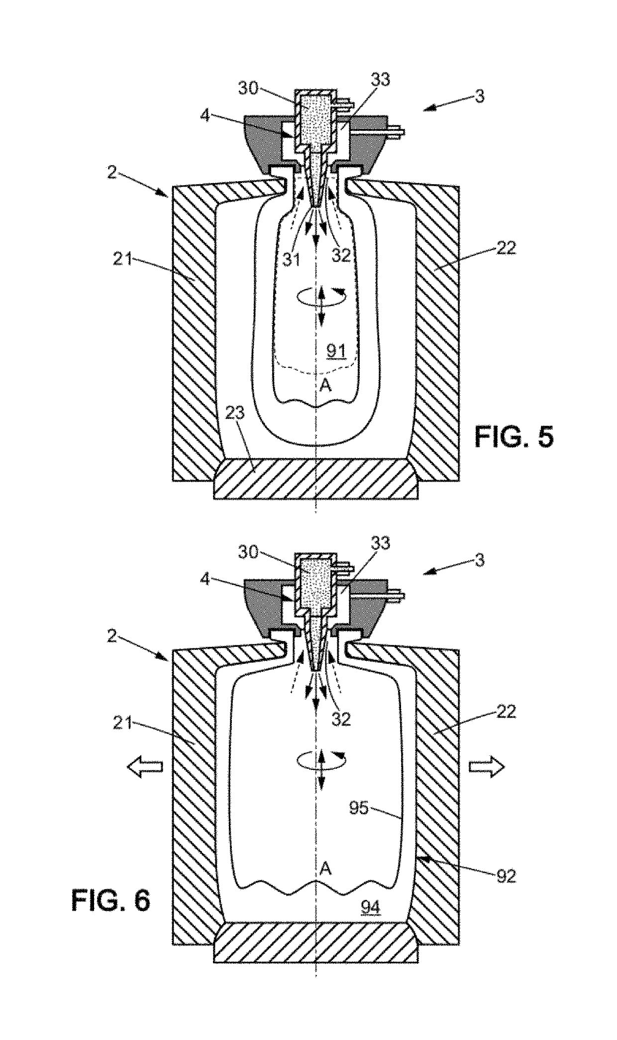 Device and method for manufacturing a hollow glass article by controlled blowing