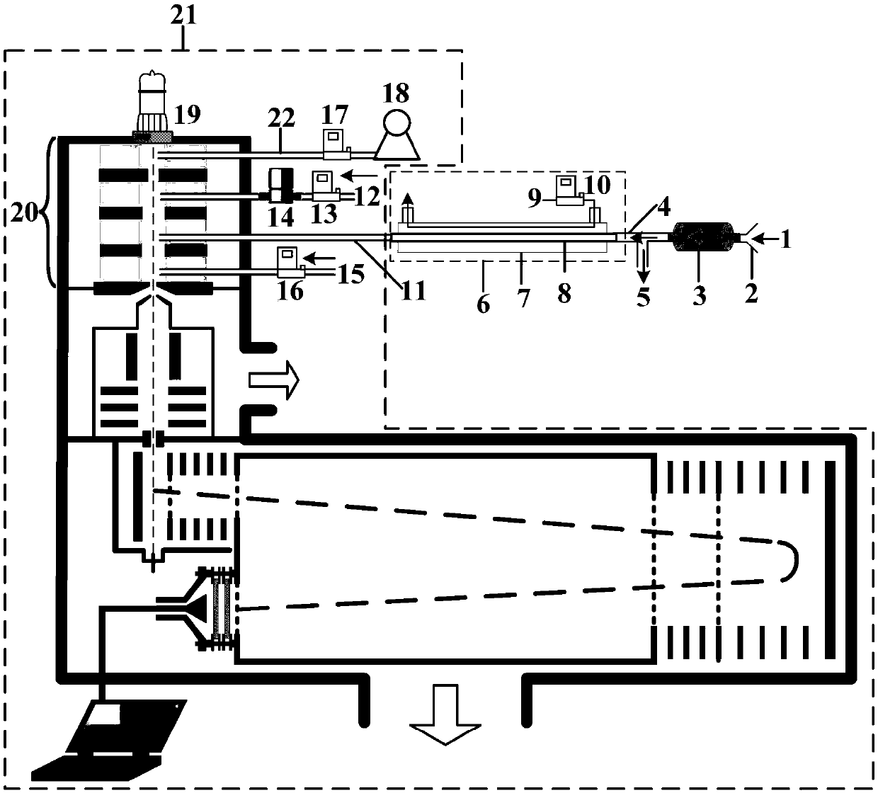 High-sensitivity online device for detecting HCN in expiratory air, and application thereof