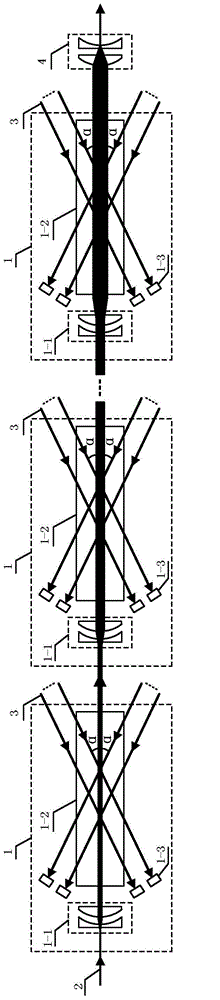 Non-collineation serial beam grouping method and device based on excited brillouin scattering