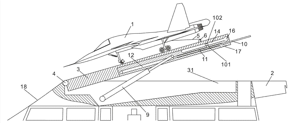 Slope downward-sliding takeoff platform for carrier-based aircraft, application aircraft carrier and realization method