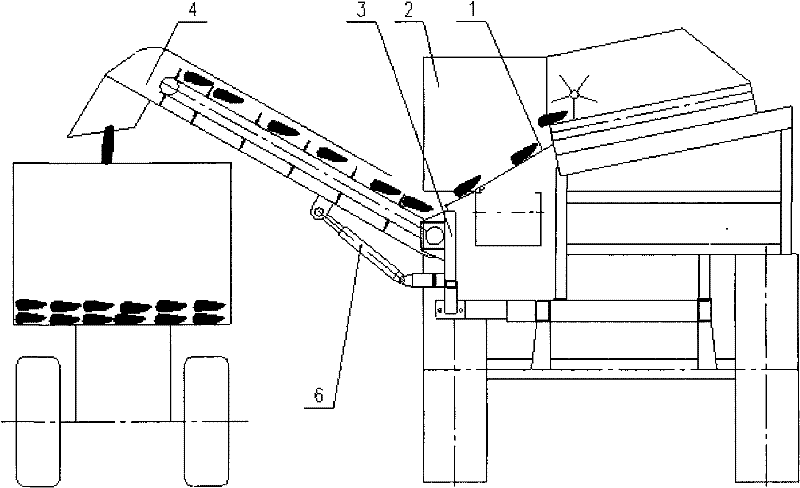 Car-following synchronous side-tipping grain conveying device of corn ears