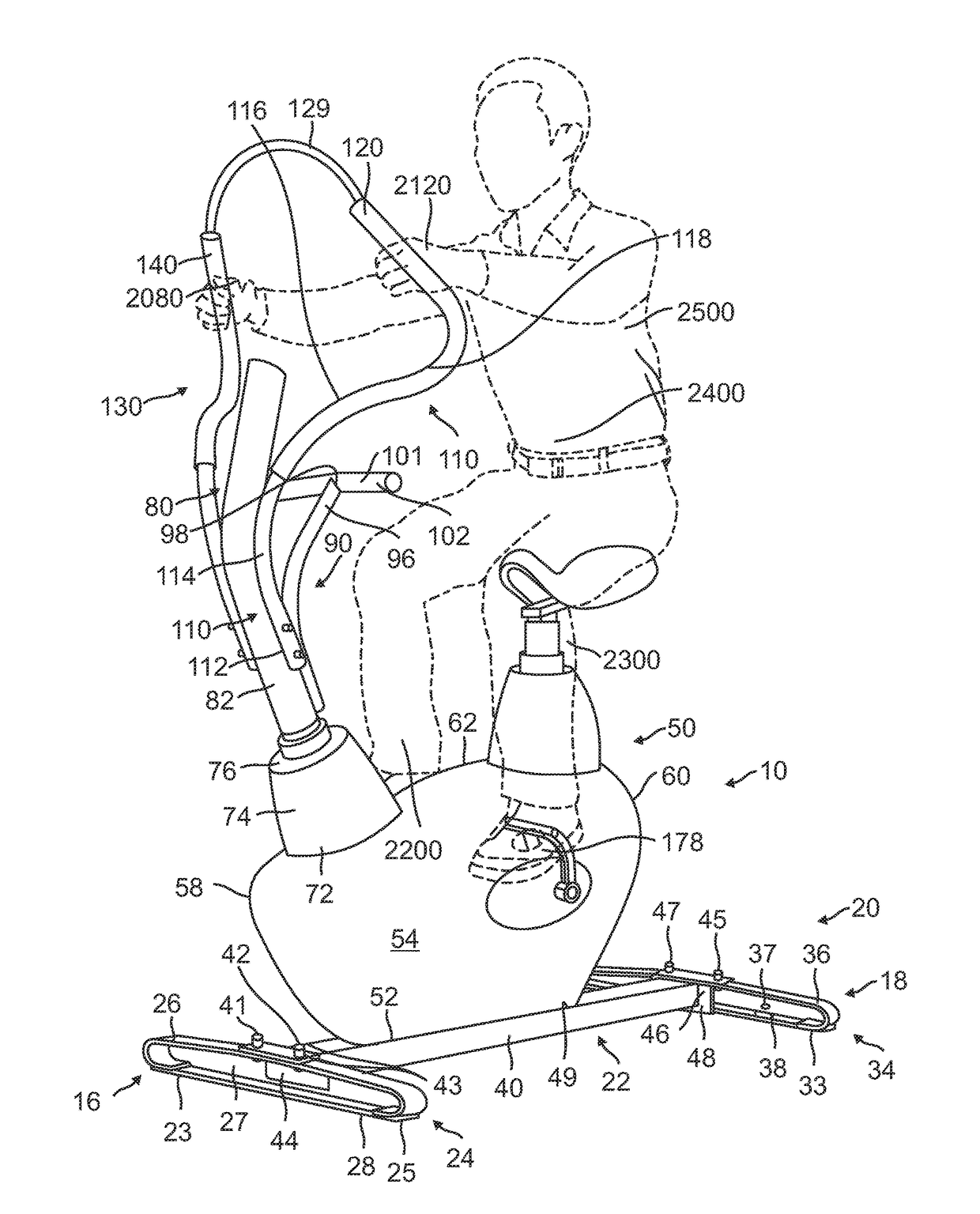 Physical fitness exercise device which simulates horseback riding and also facilitates upper body and lower body exercise