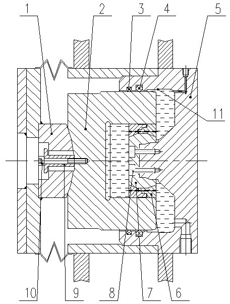 Hydraulic cylinder for adjusting axial position of piston and cylinder body through spherical surface