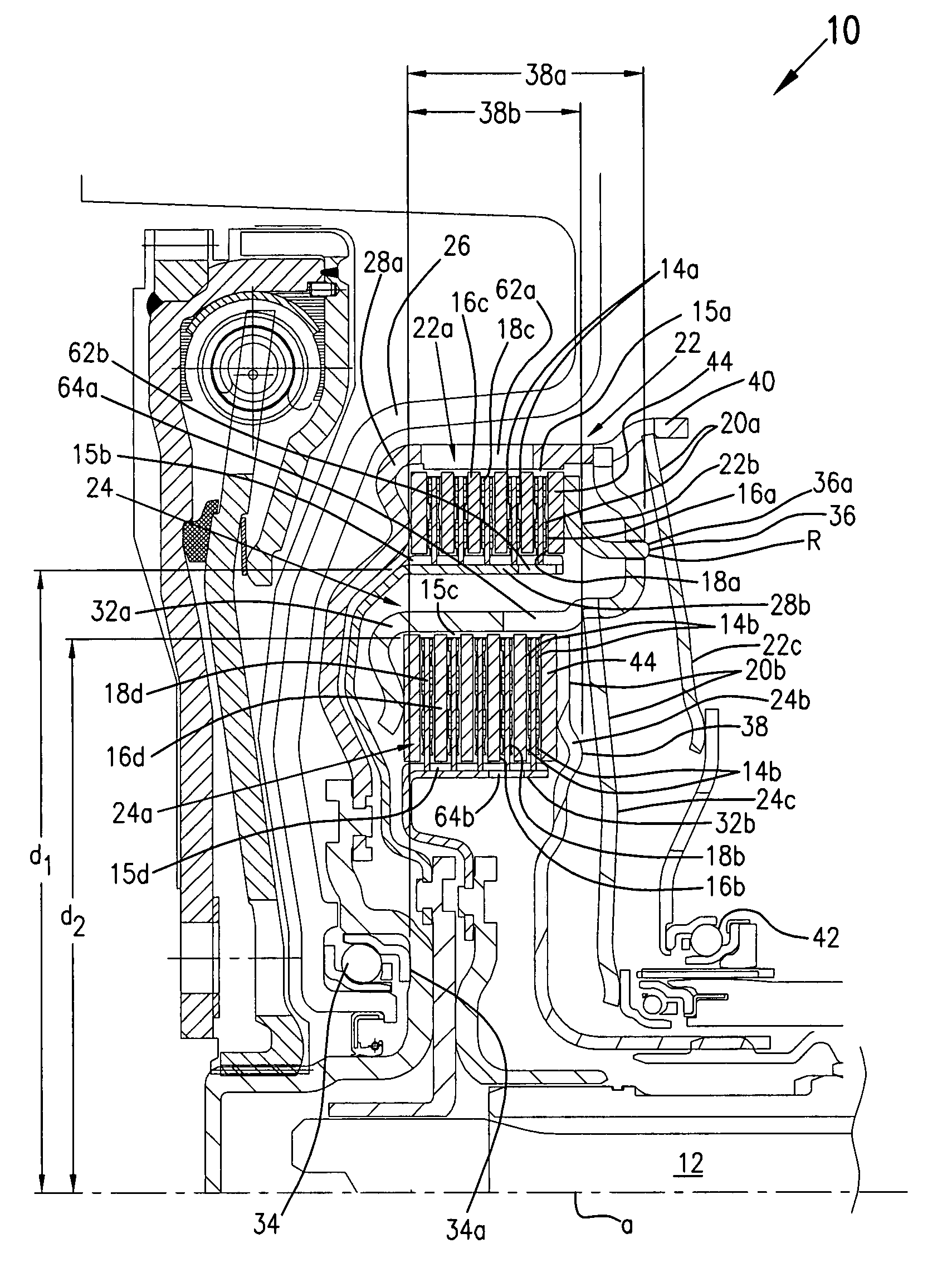 Dual clutch pack dual operating clutch and method for adjusting same