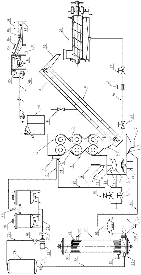 Counter-rotating roller type extractum glycyrrhizae liquidum extraction device with cleaning machine and extrusion dewatering machine