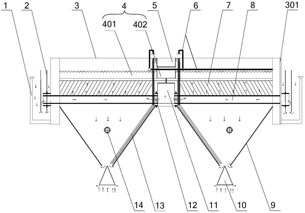 A sedimentation device for three-phase separation of sewage