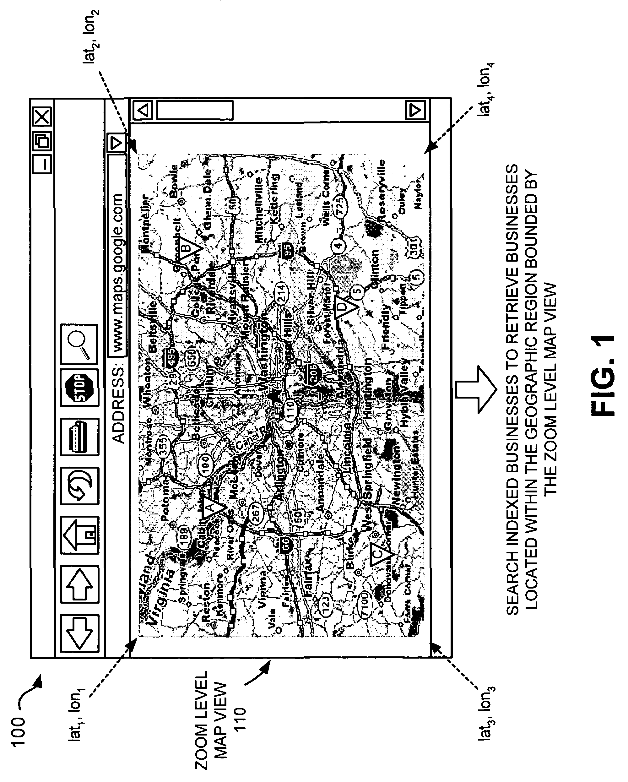 Using boundaries associated with a map view for business location searching