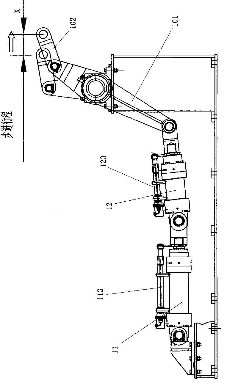 Cooling-bed hydraulic stepping and tread control device and control method thereof