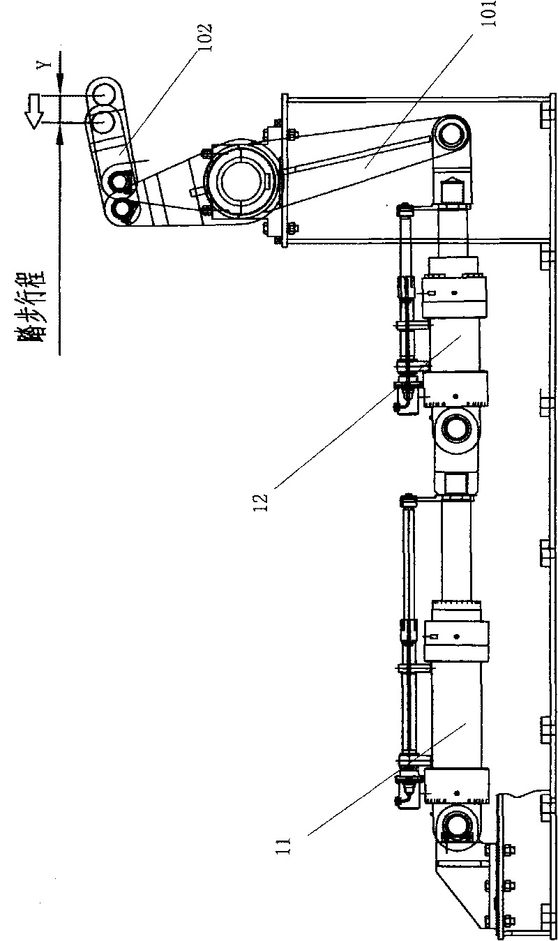 Cooling-bed hydraulic stepping and tread control device and control method thereof