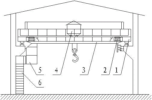 Light bridge crane guided by horizontal wheel opposite angles