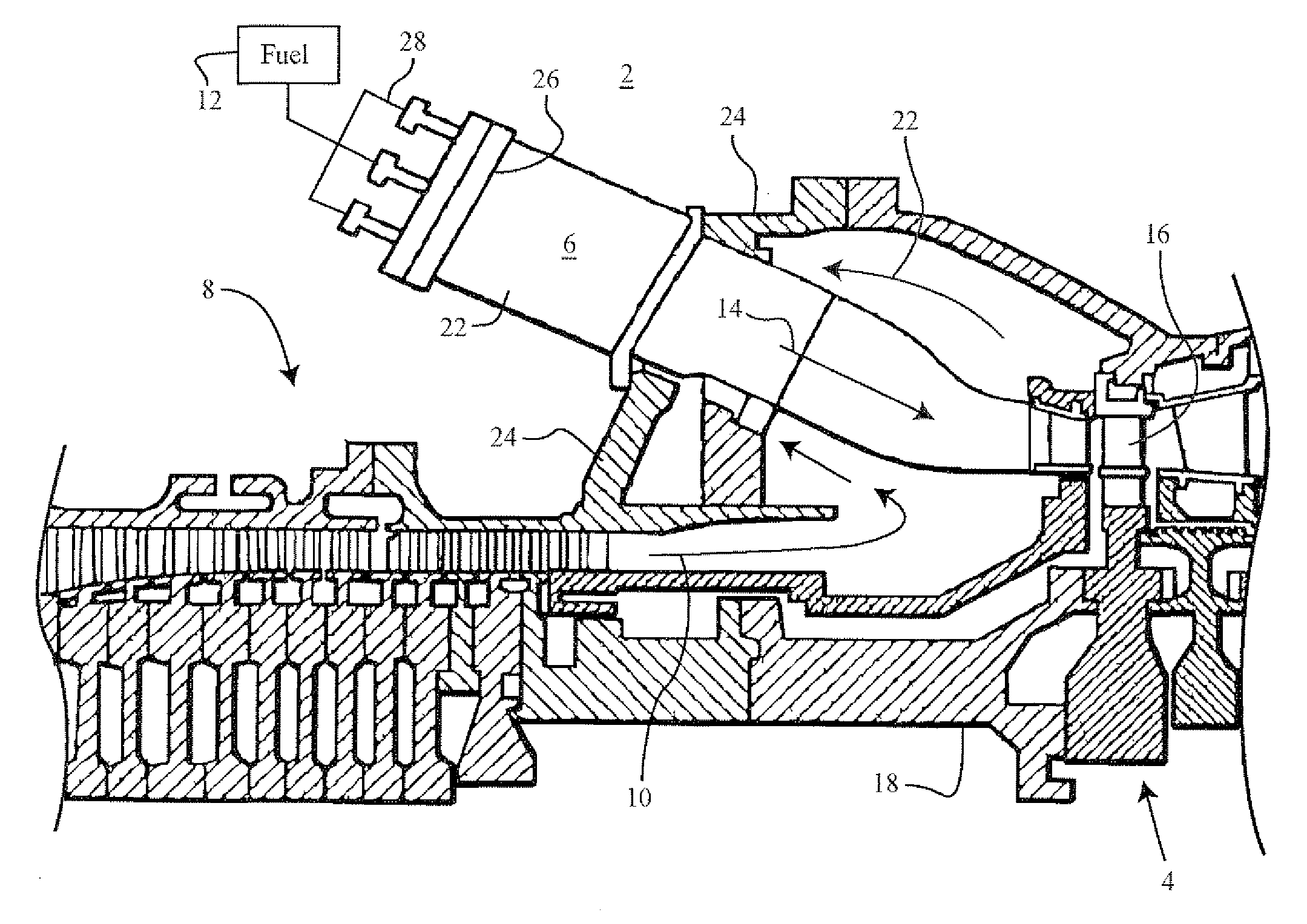 Turning guide for combustion fuel nozzle in gas turbine and method to turn fuel flow entering combustion chamber