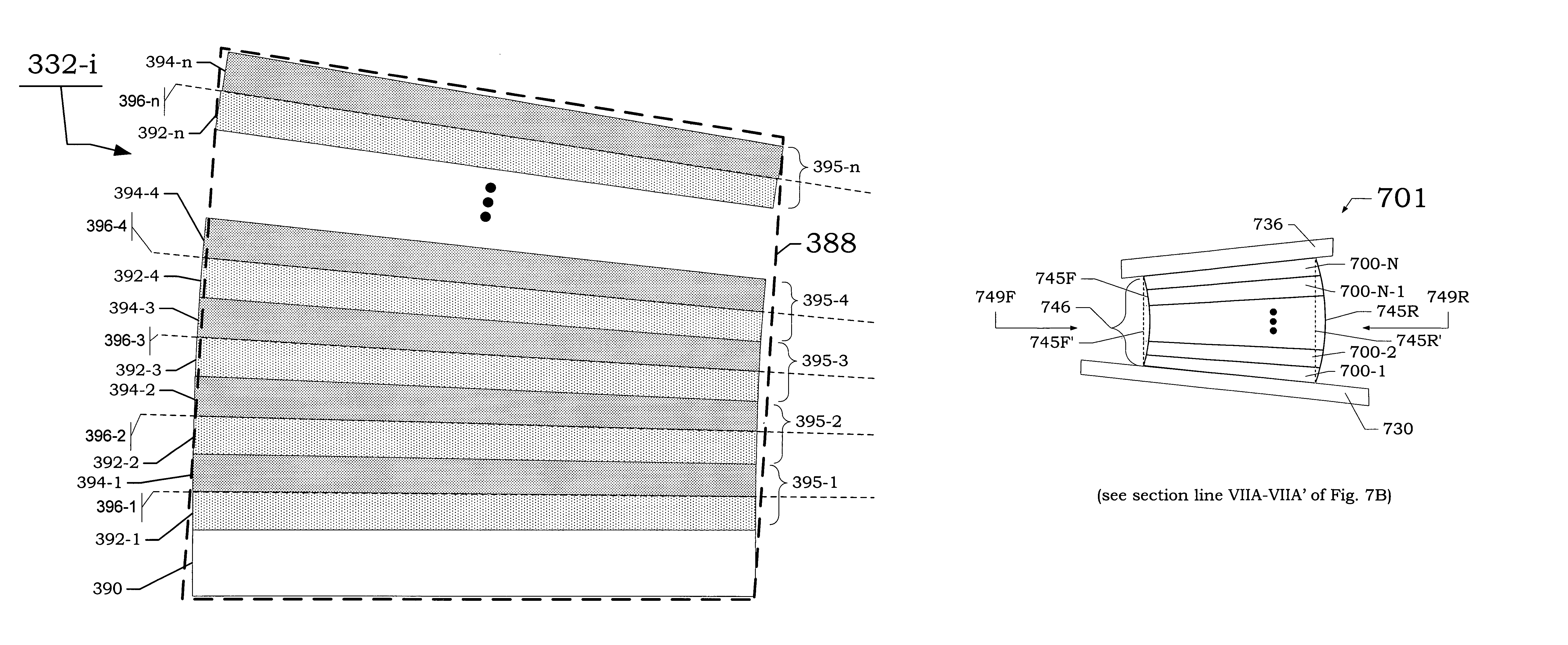 X-ray reflector exhibiting taper, method of making same, narrow band x-ray filters including same, devices including such filters, multispectral x-ray production via unispectral filter, and multispectral x-ray production via multispectral filter