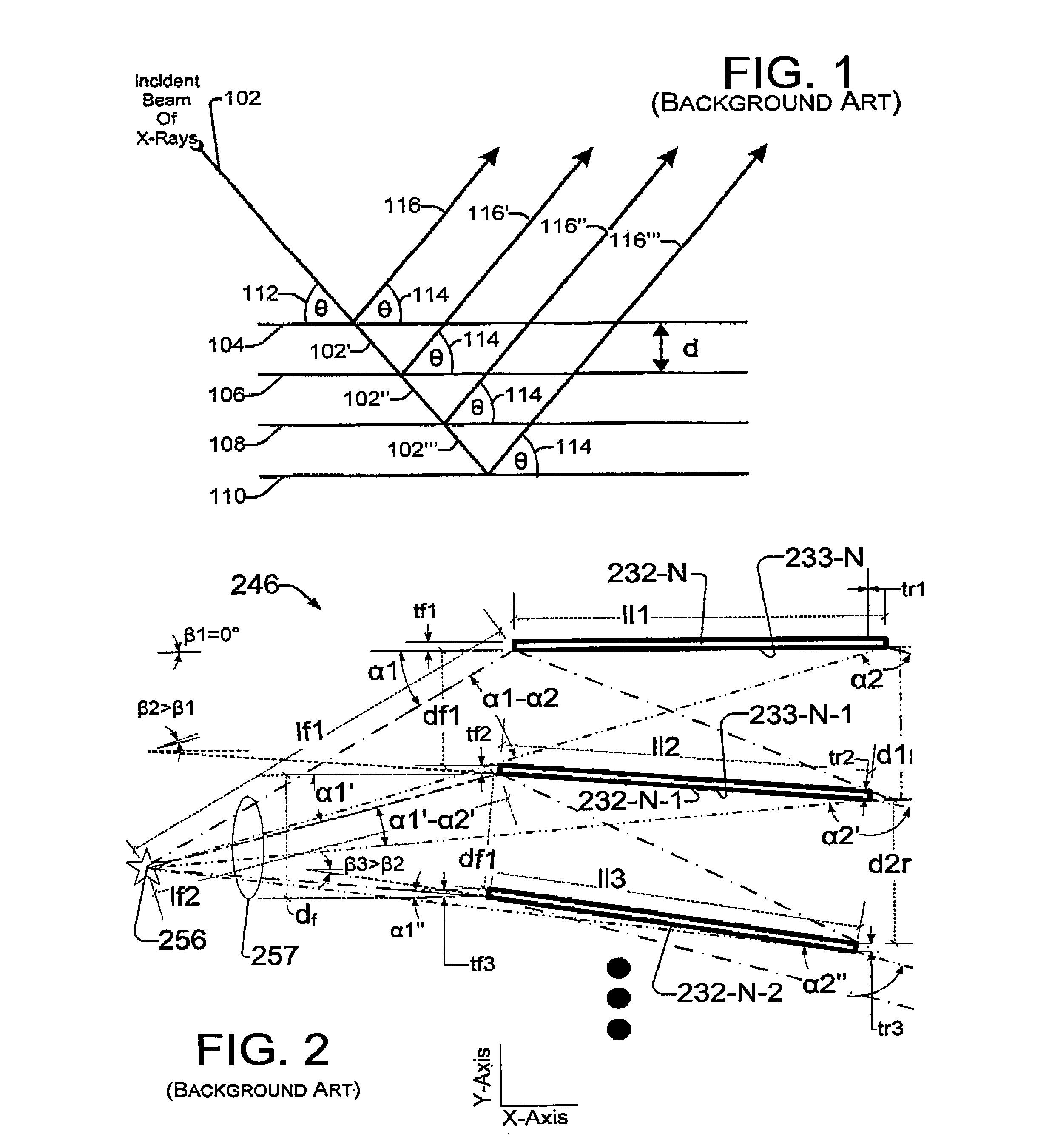 X-ray reflector exhibiting taper, method of making same, narrow band x-ray filters including same, devices including such filters, multispectral x-ray production via unispectral filter, and multispectral x-ray production via multispectral filter