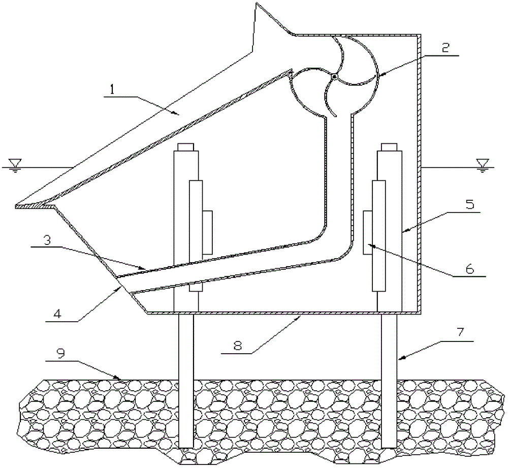 Wave jumping impeller type wave energy power generating device automatically lifting along with tide level