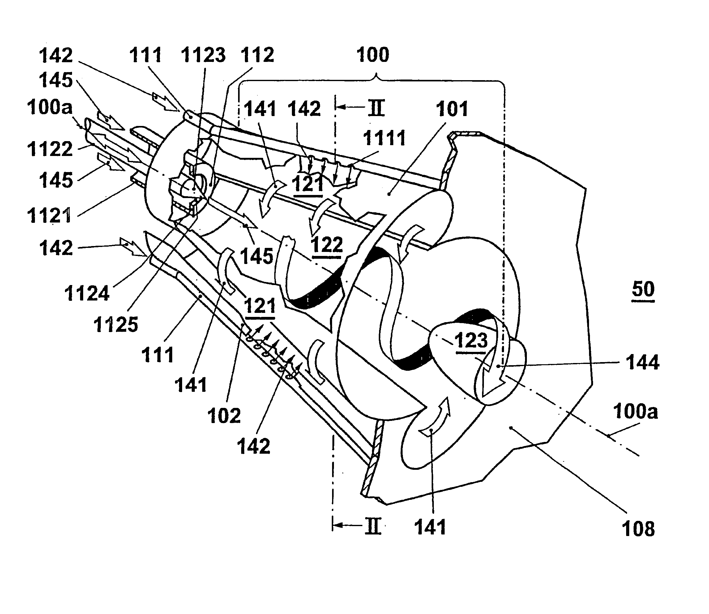 Process for operation of a burner with controlled axial central air mass flow