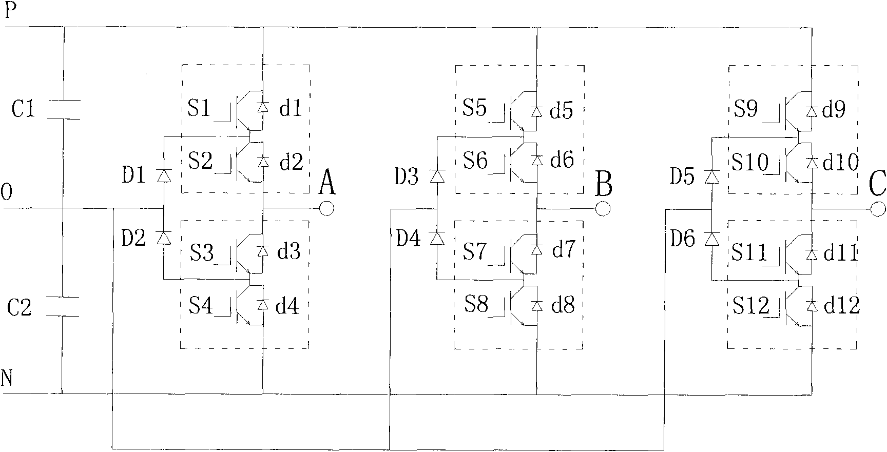 Diode clamping three-level frequency converter