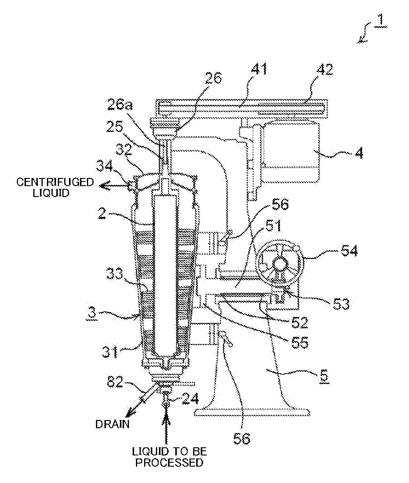 Vertical centrifugal separation apparatus and method of recovering centrifuged liquid