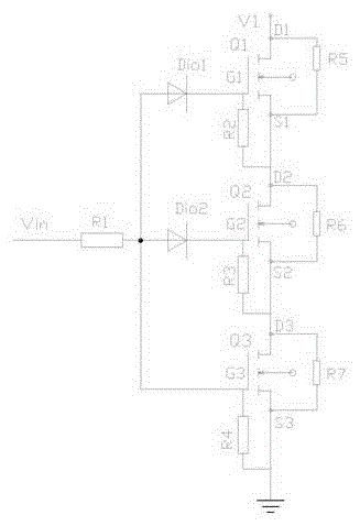 Grid electrode protection circuit for field effect transistors connected in series