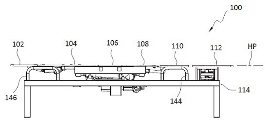 Bed platform assembly comprising multiple portions for moving person from supine position to seating and standing position and counter-moving person