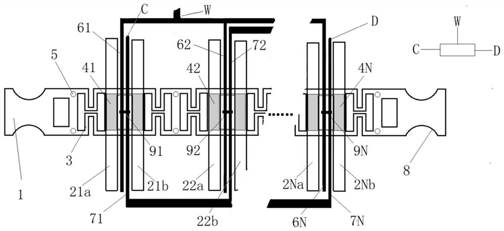 High-resolution wide-range micromechanical potentiometer leading-out structure and variable resistance output method