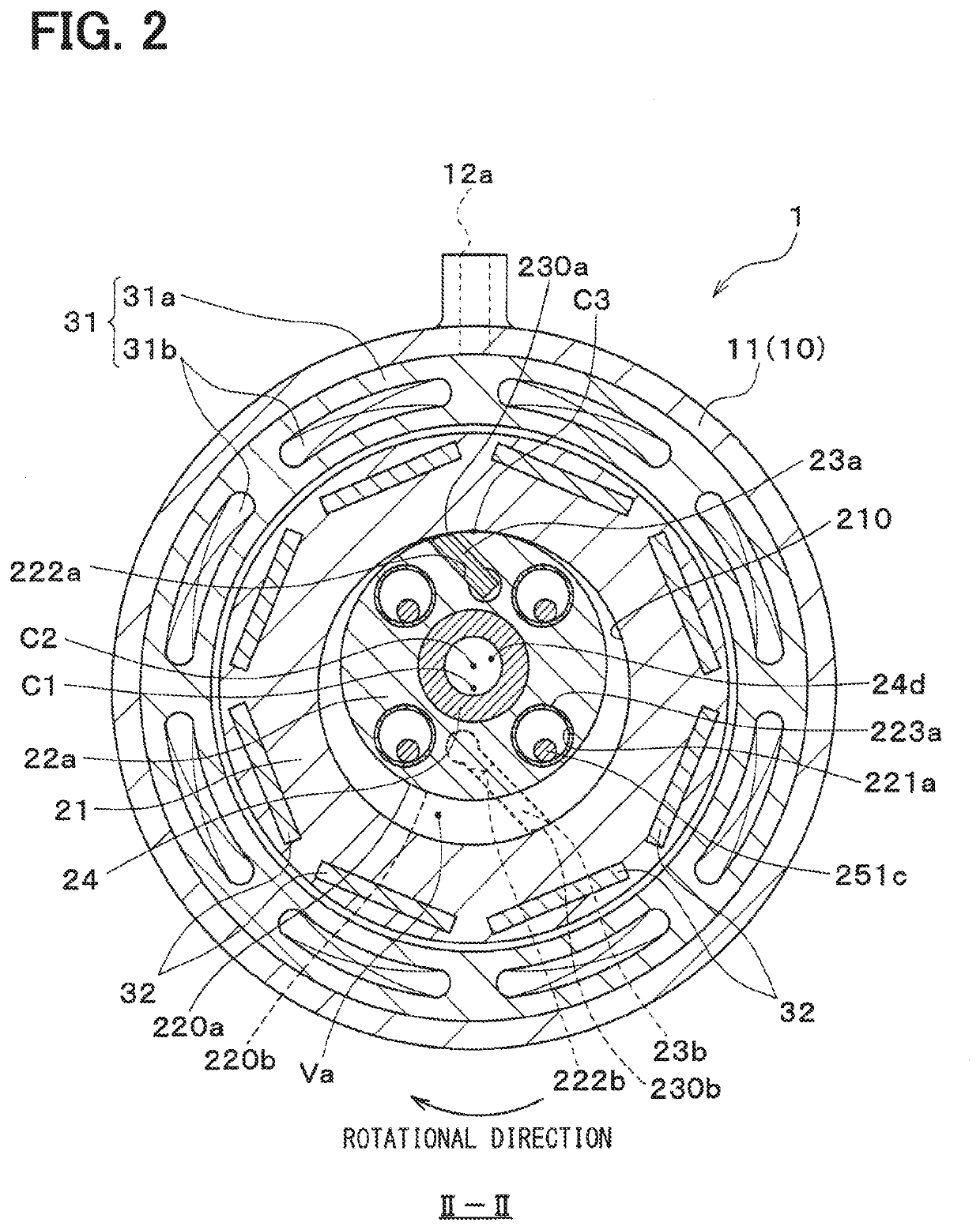 Cylinder-rotation compressor with improved vane and suction passage locations