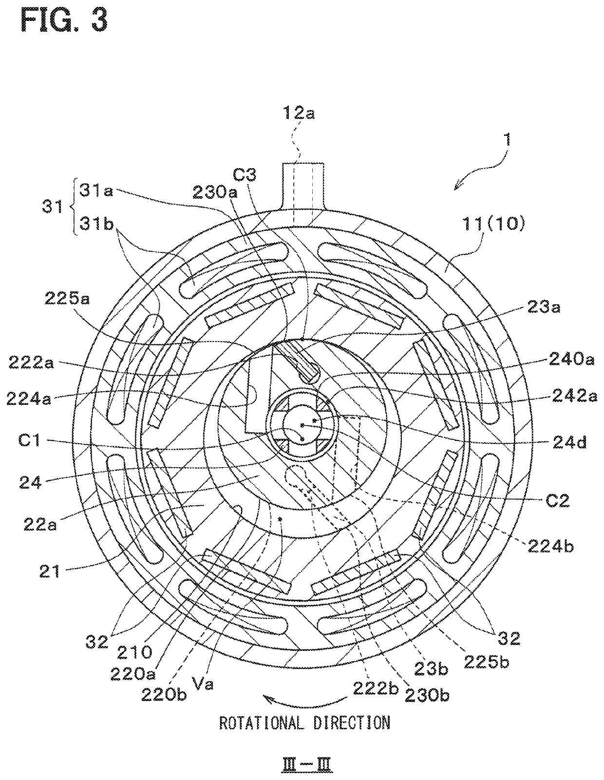 Cylinder-rotation compressor with improved vane and suction passage locations