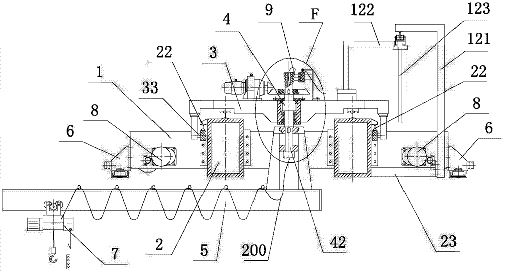 Crane with reverse roller travelling trolley and horizontal wheel devices