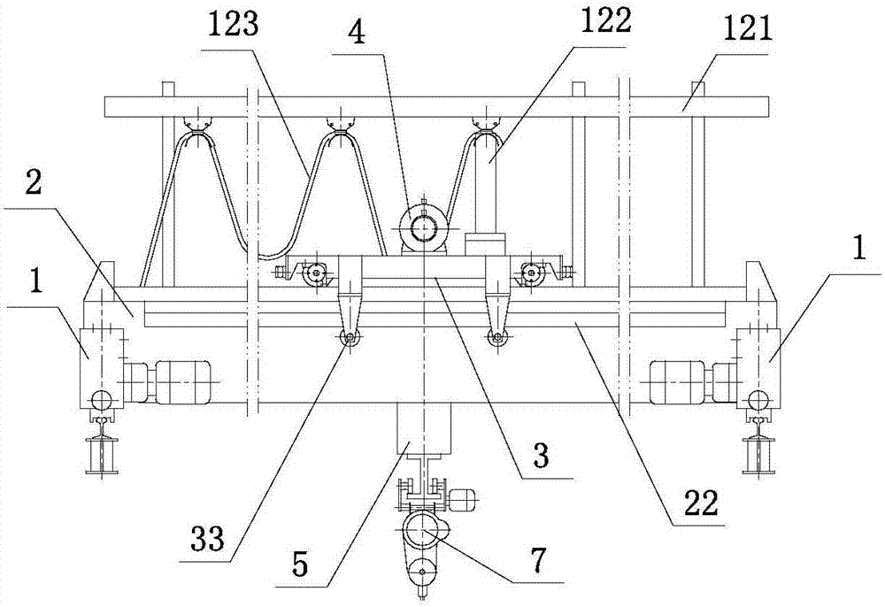 Crane with reverse roller travelling trolley and horizontal wheel devices