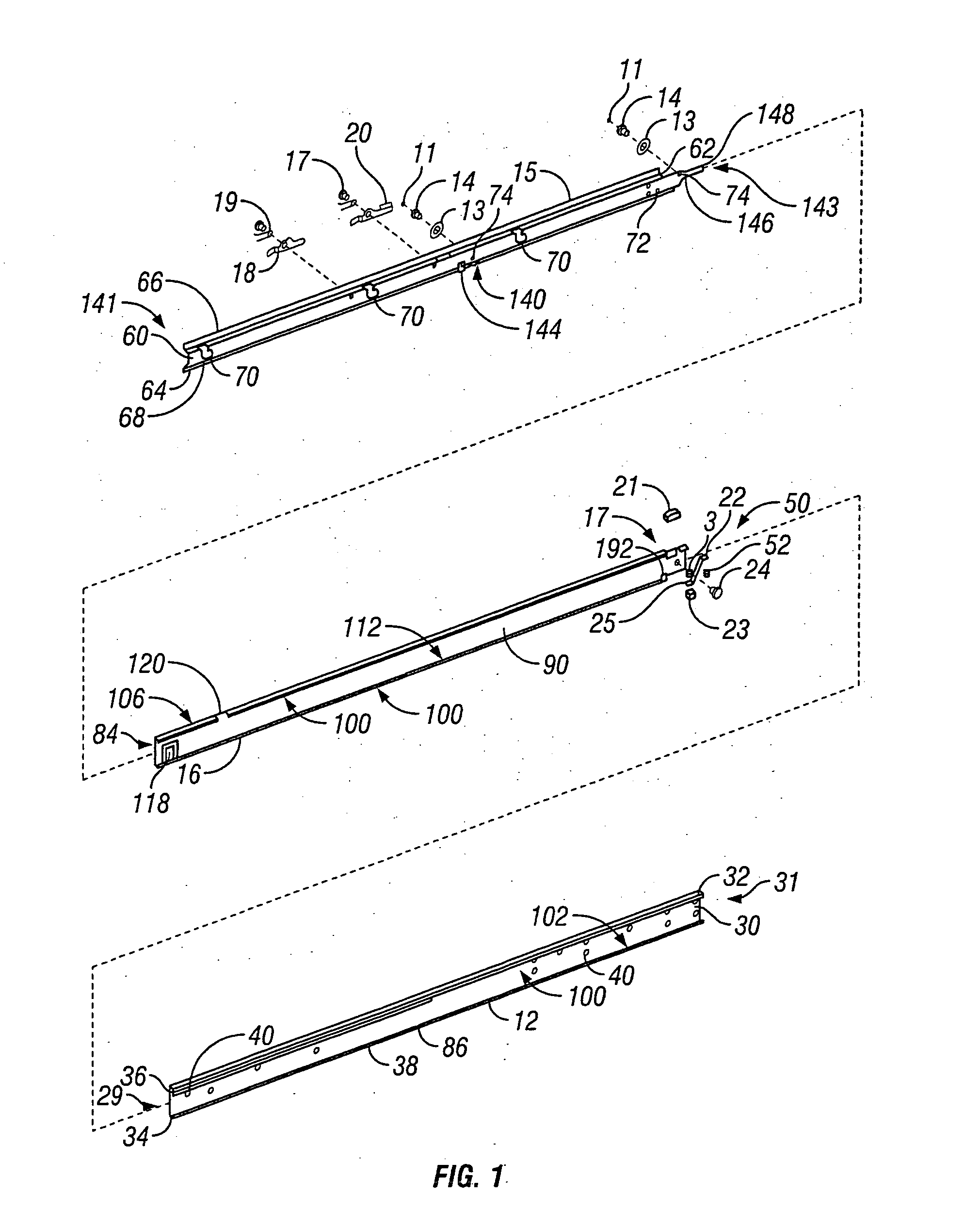 Telescoping slide rail with latching and alignment mechanisms