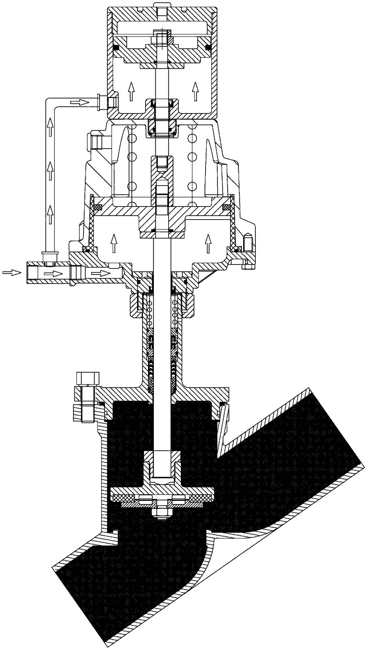 Pneumatic control angle seat valve with small pneumatic control force