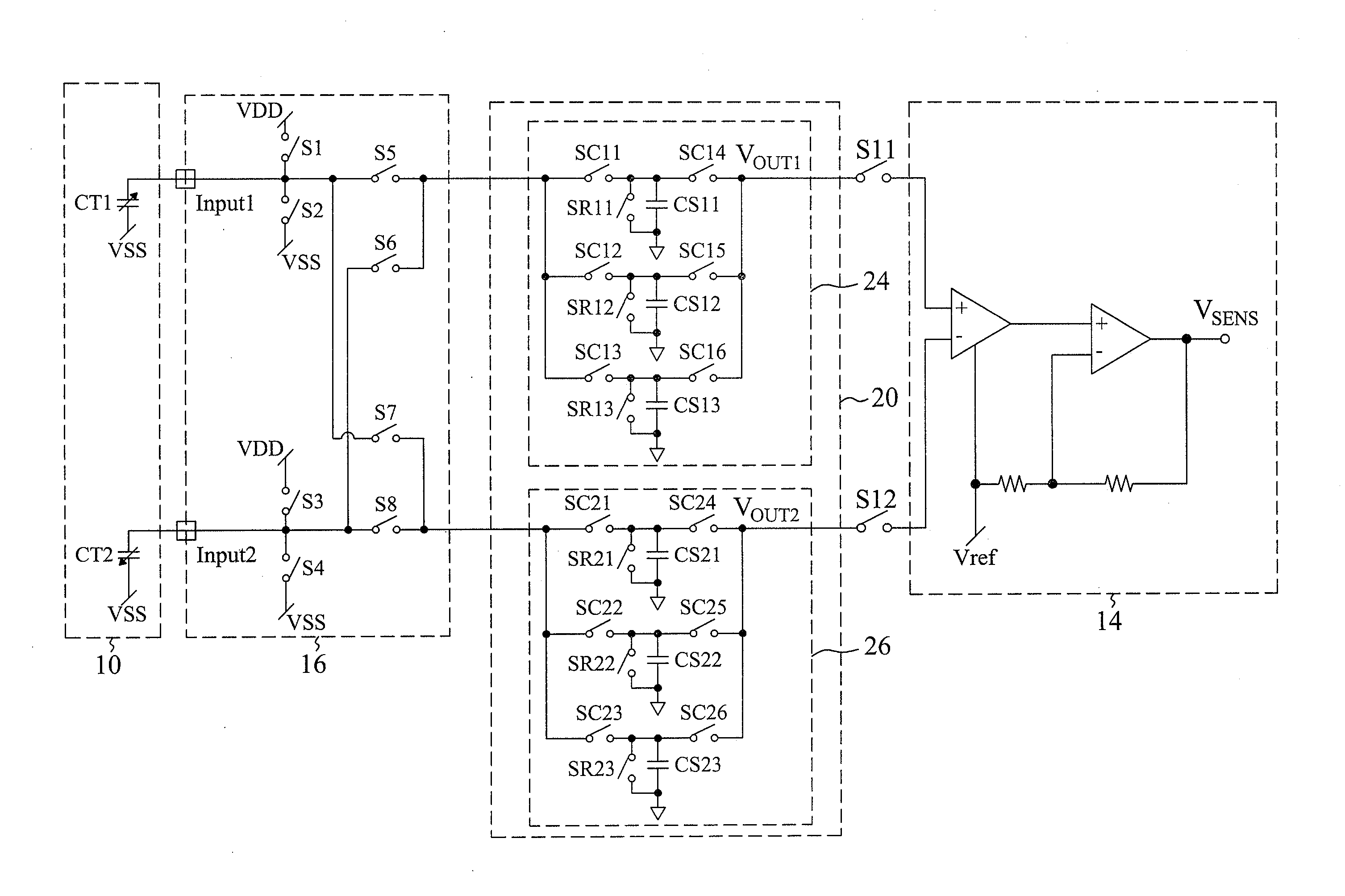 Circuit and method for sensing a differential capacitance