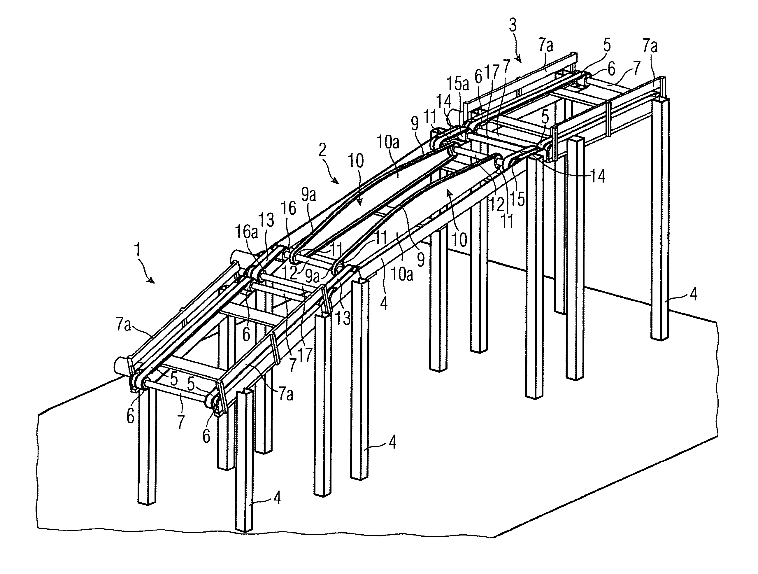 Transport system for containers, in particular an airport baggage handling system, and incline conveyor for a transport system