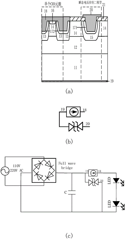 Vertical constant current device with three-terminal protection function and manufacturing method thereof